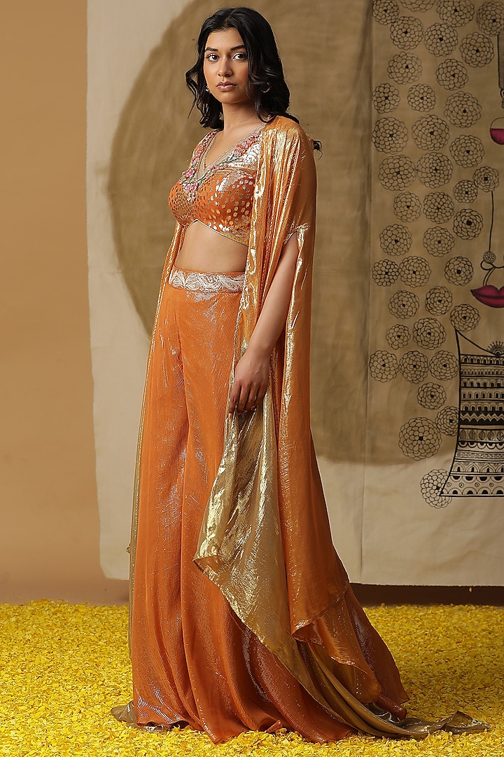 Apricot Orange Georgette Cape Set by Arpita Sulakshana