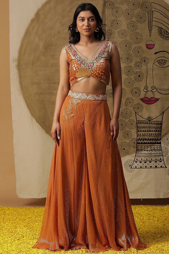 Apricot Orange Georgette Cape Set by Arpita Sulakshana at Pernia's Pop Up Shop