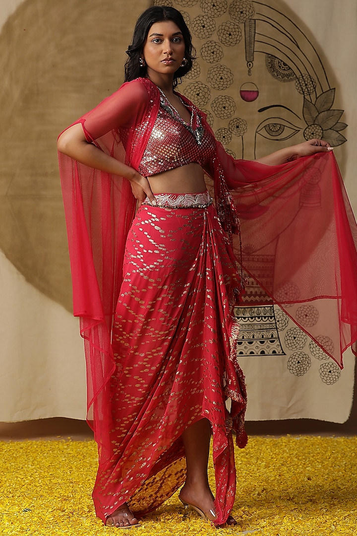 Coral Georgette Embroidered Dhoti Set by Arpita Sulakshana