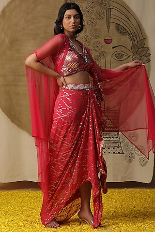Coral Georgette Embroidered Dhoti Set by Arpita Sulakshana