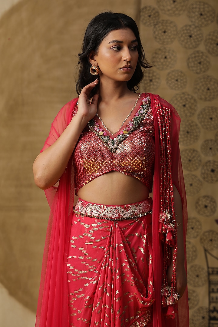 Coral Georgette Embroidered Dhoti Set by Arpita Sulakshana at Pernia's Pop Up Shop
