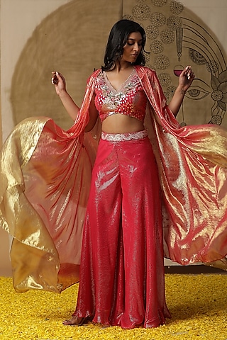 Coral Georgette Cape Set by Arpita Sulakshana