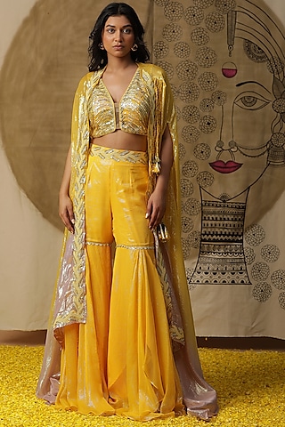 Yellow Georgette Cape Set by Arpita Sulakshana