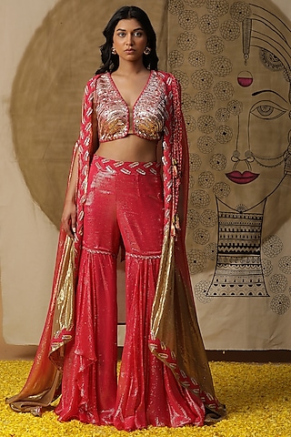 Coral Georgette Cape Set by Arpita Sulakshana