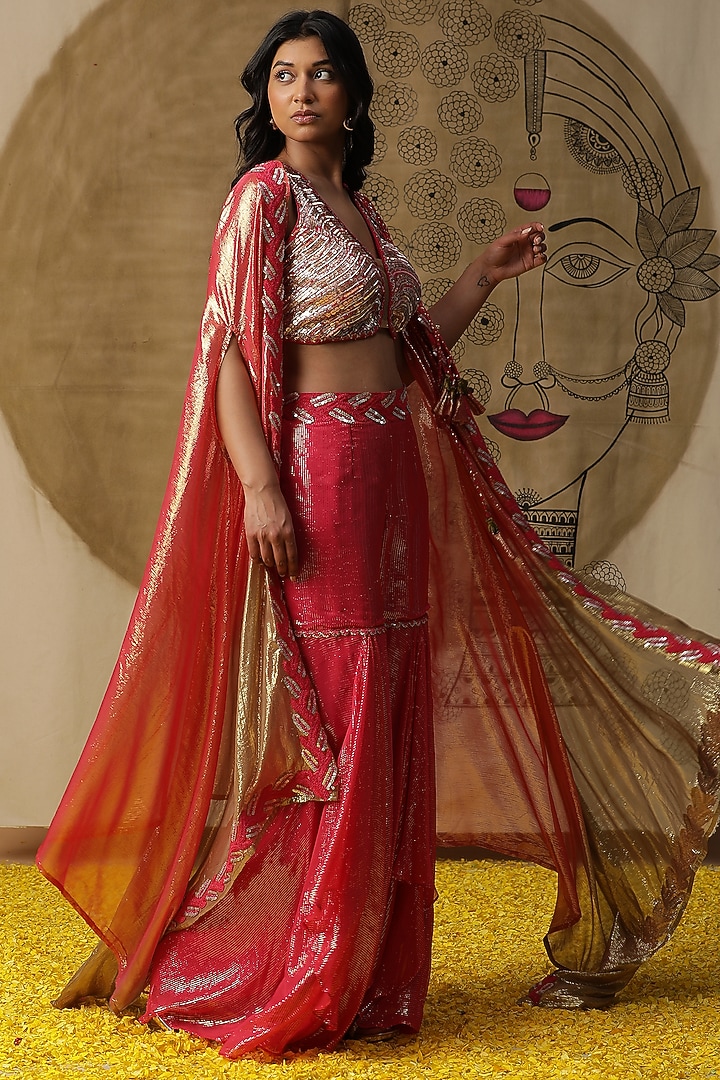 Coral Georgette Cape Set by Arpita Sulakshana at Pernia's Pop Up Shop