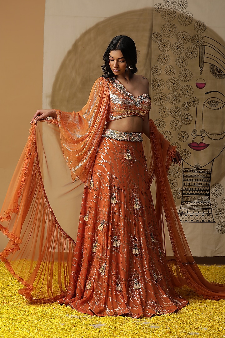 Rust Orange Georgette Wedding Lehenga Set by Arpita Sulakshana at Pernia's Pop Up Shop