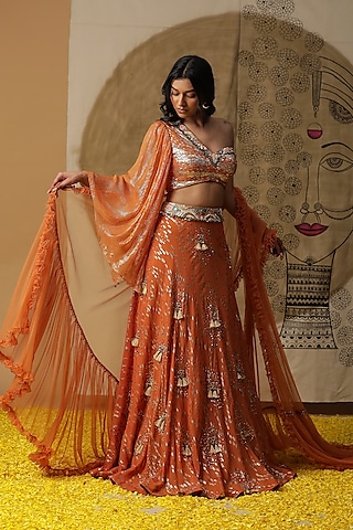 Rust Orange Georgette Lehenga Set by Arpita Sulakshana