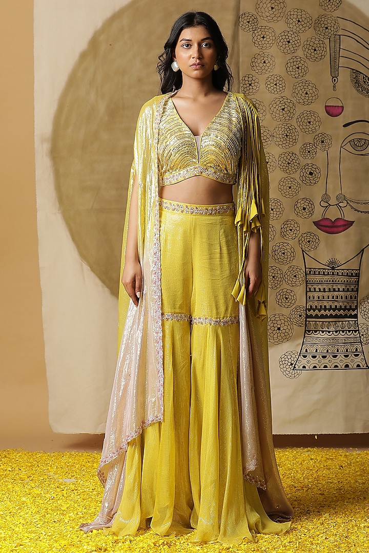 Yellow Georgette Ombre Cape Set by Arpita Sulakshana