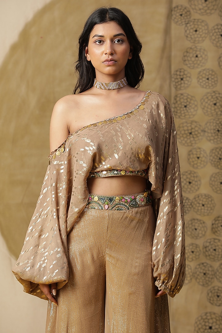 Golden Georgette Palazzo Pant Set by Arpita Sulakshana at Pernia's Pop Up Shop