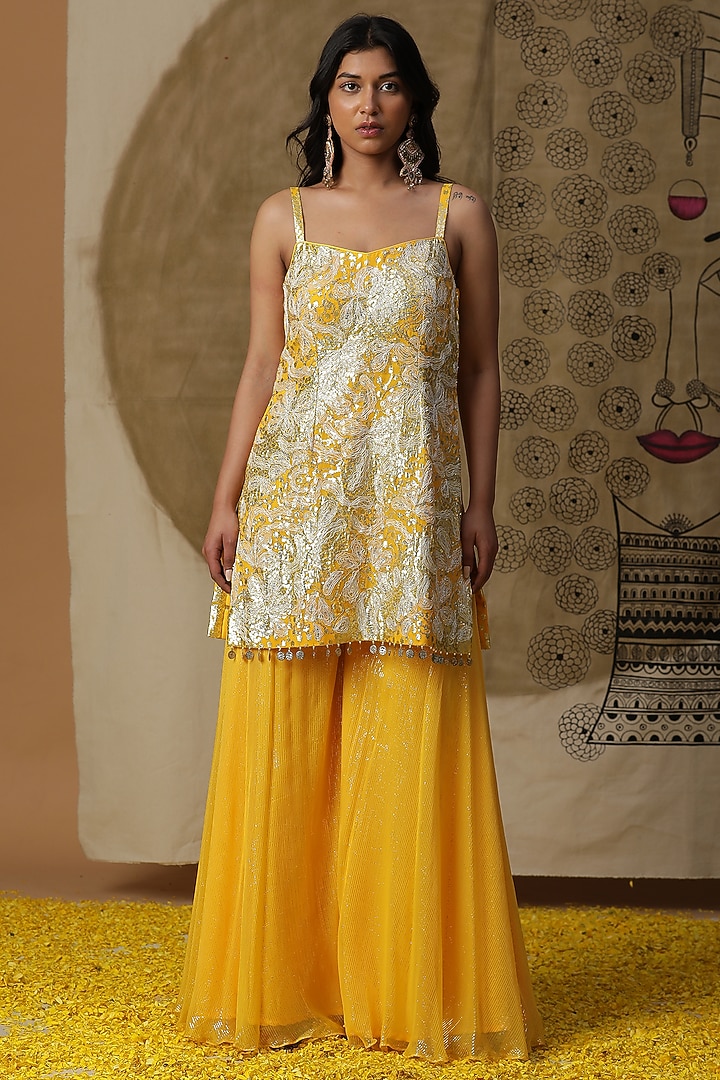 Yellow Silk Party Wear Sharara Set by Arpita Sulakshana at Pernia's Pop Up Shop