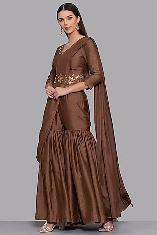 Brown Raw Silk Gharara Set by Arpita Sulakshana