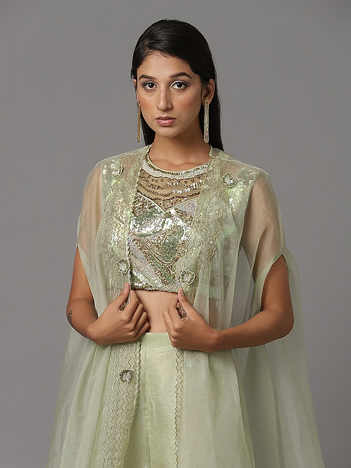 Sea Green Organza Cape Set by Arpita Sulakshana at Pernia's Pop Up Shop