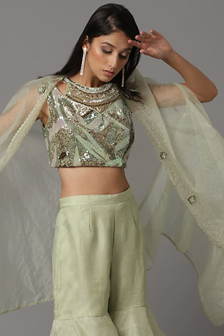 Sea Green Organza Cape Set by Arpita Sulakshana at Pernia's Pop Up Shop