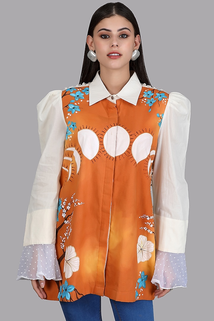 Orange Cotton Handpainted Shirt by Arpita Sulakshana