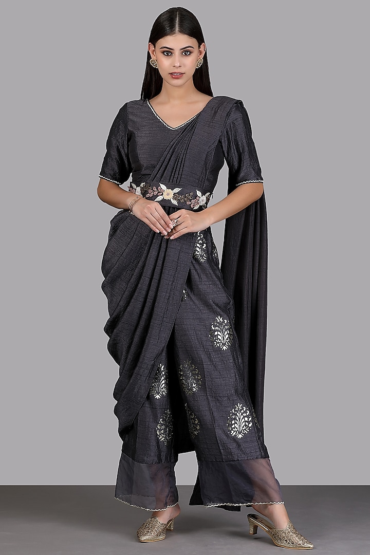 Deep Grey Silk Pant Saree by Arpita Sulakshana
