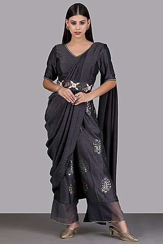 Deep Grey Silk Pant Saree by Arpita Sulakshana