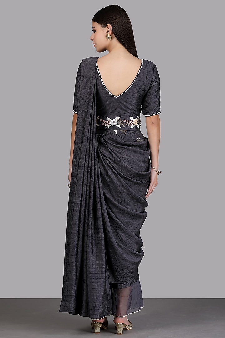 Deep Grey Silk Pant Party Wear Saree by Arpita Sulakshana at Pernia's Pop Up Shop
