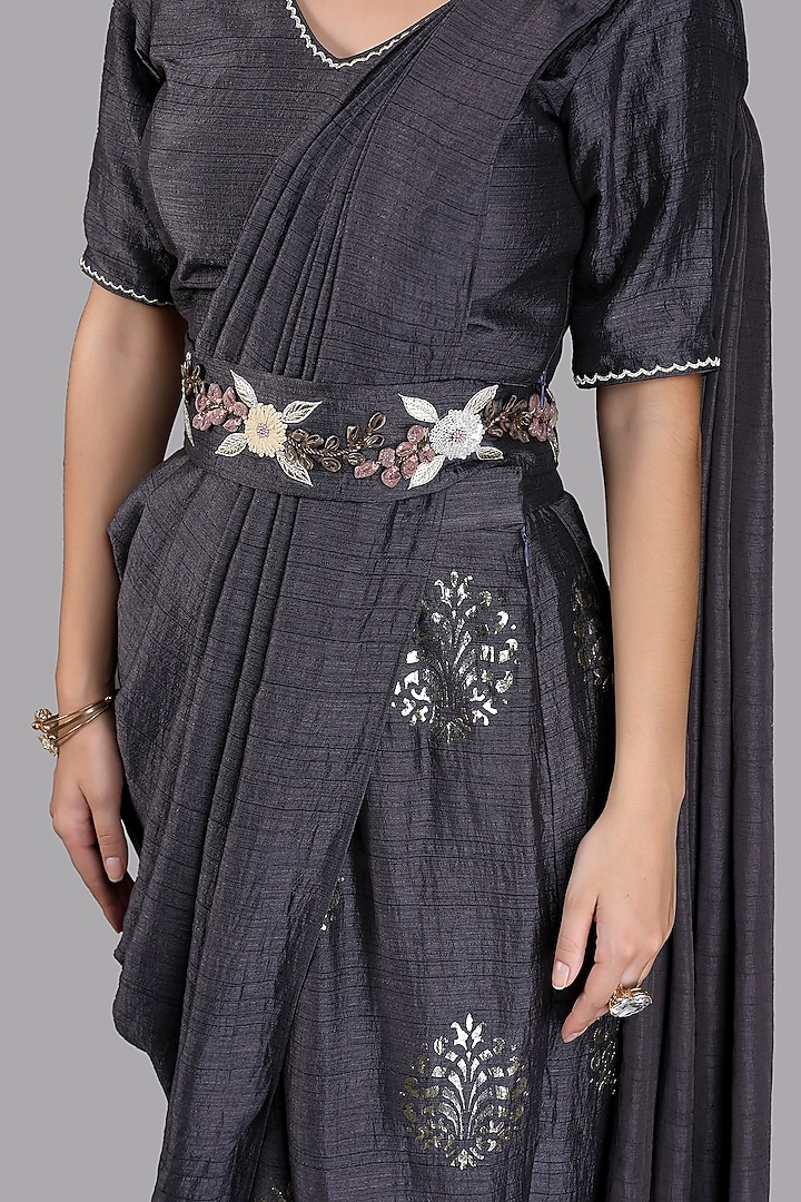 Deep Grey Silk Pant Party Wear Saree by Arpita Sulakshana at Pernia's Pop Up Shop