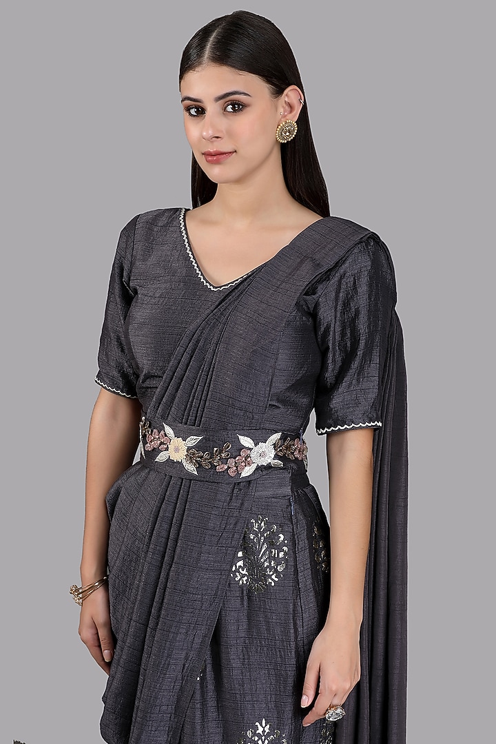 Deep Grey Silk Pant Party Wear Saree by Arpita Sulakshana at Pernia's Pop Up Shop