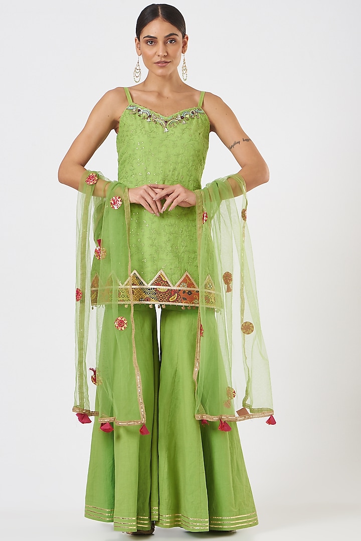 Neon Green Kora Cotton Gharara Set by Arpita Sulakshana
