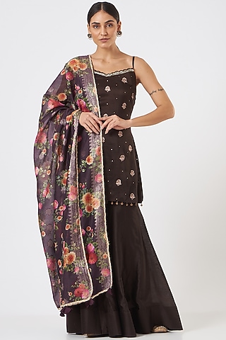 Chocolate Brown Chanderi Silk Gharara Set by Arpita Sulakshana