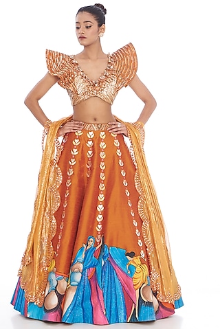 Orange Raw Silk Hand Painted Lehenga Set by Arpita Sulakshana