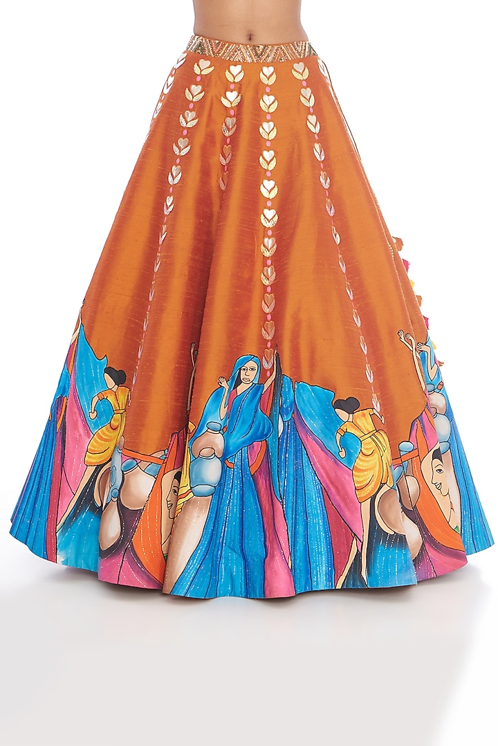 Orange Raw Silk Hand Painted Wedding Lehenga Set by Arpita Sulakshana at Pernia's Pop Up Shop