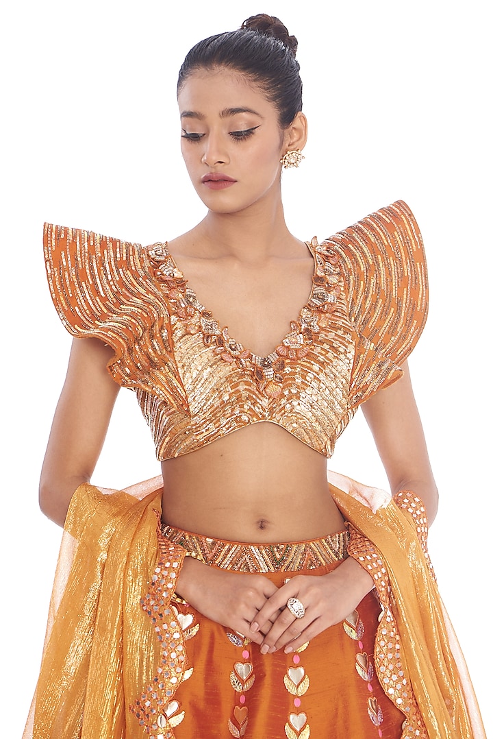 Orange Raw Silk Hand Painted Wedding Lehenga Set by Arpita Sulakshana at Pernia's Pop Up Shop