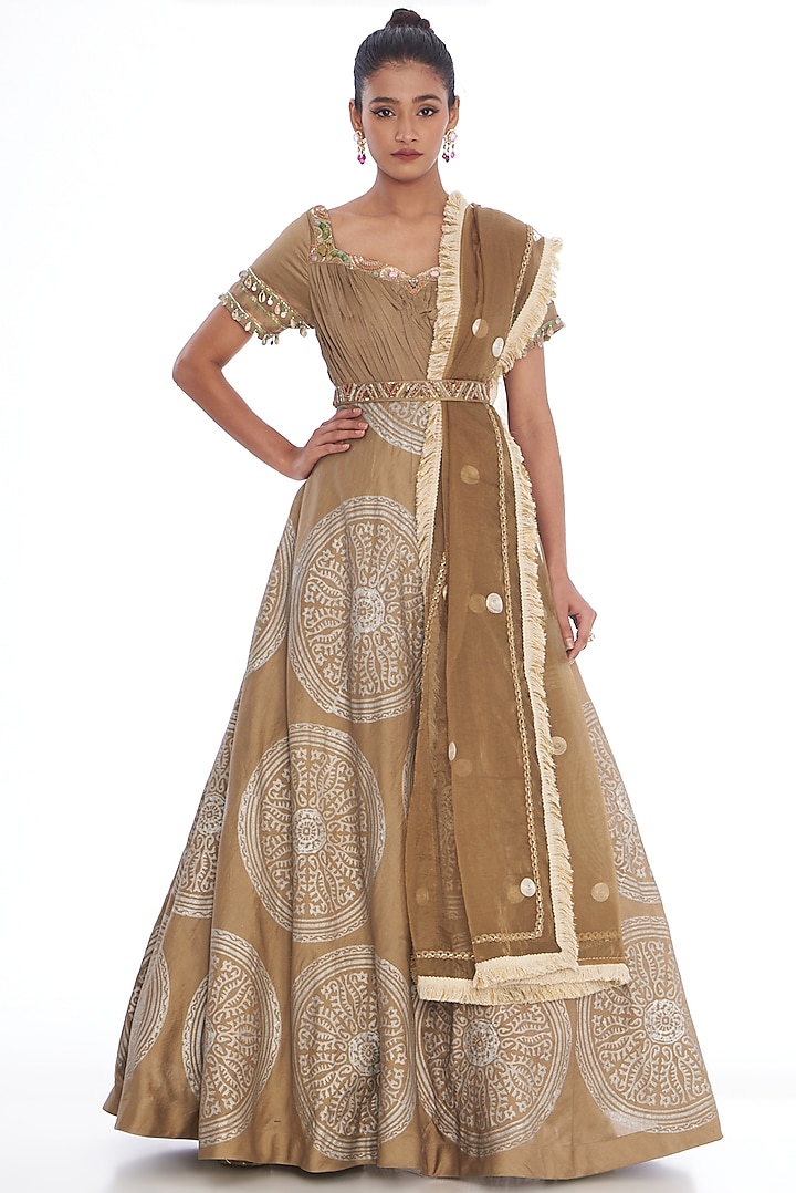 Beige Chanderi Silk Embroidered Gown With Dupatta by Arpita Sulakshana