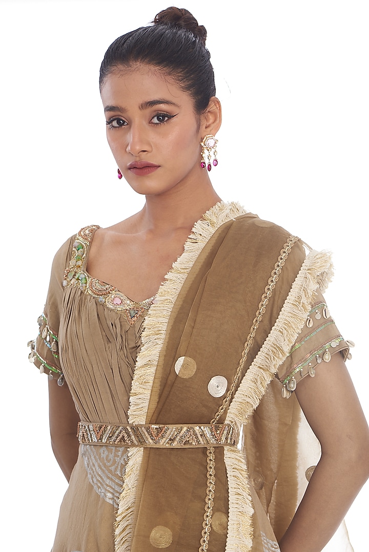 Beige Chanderi Silk Embroidered Wedding Gown With Dupatta by Arpita Sulakshana at Pernia's Pop Up Shop