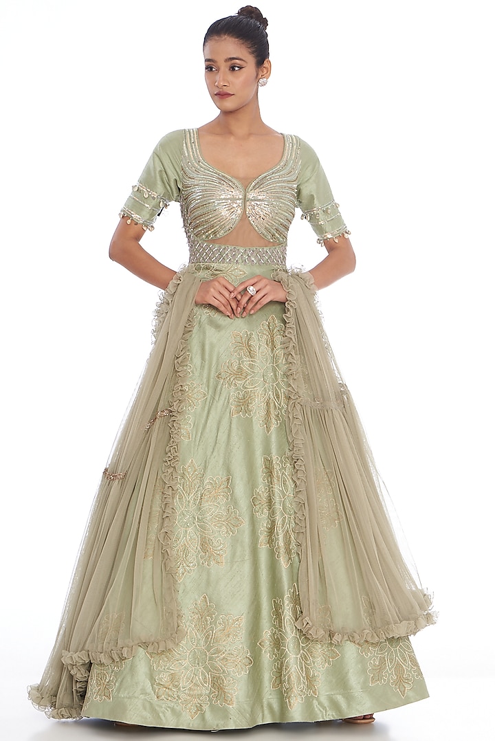 Green Raw Silk Embroidered Gown With Dupatta by Arpita Sulakshana