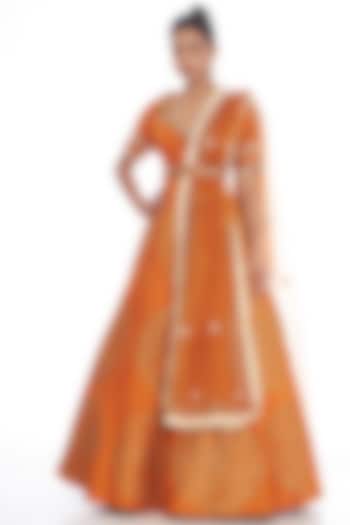 Orange Chanderi Silk Hand Embroidered Gown With Dupatta by Arpita Sulakshana