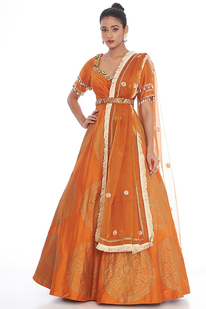 Orange Chanderi Silk Hand Embroidered Gown With Dupatta by Arpita Sulakshana