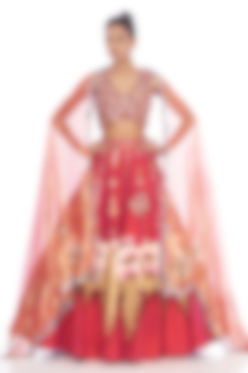 Pink Raw Silk Hand Painted & Embroidered Lehenga Set by Arpita Sulakshana