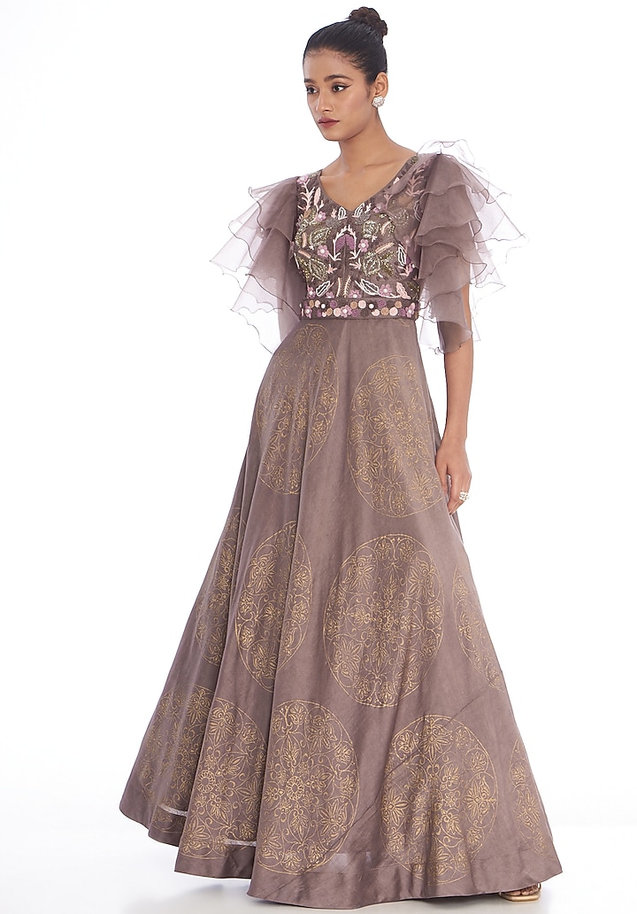 Mauve Chanderi Silk Embroidered Gown With Belt by Arpita Sulakshana