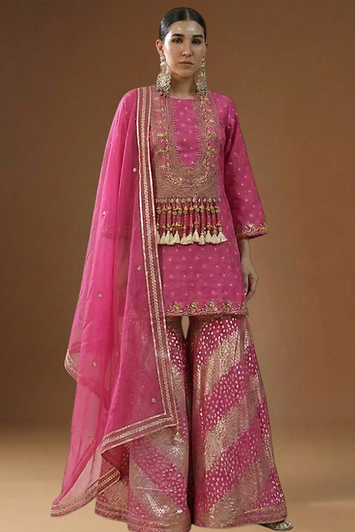 Hot Pink Lurex Georgette Embellished Party Wear Sharara Set by Arpita Sulakshana at Pernia's Pop Up Shop