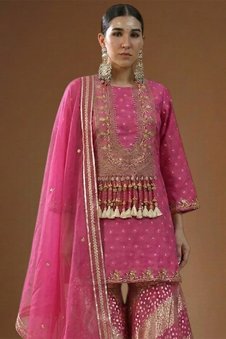 Hot Pink Lurex Georgette Embellished Party Wear Sharara Set by Arpita Sulakshana at Pernia's Pop Up Shop