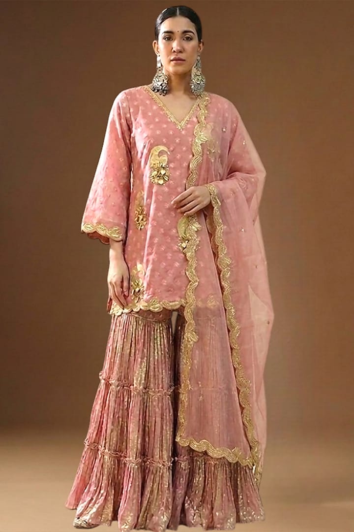 Blush Pink Lurex Georgette Embellished Wedding Sharara Set by Arpita Sulakshana at Pernia's Pop Up Shop