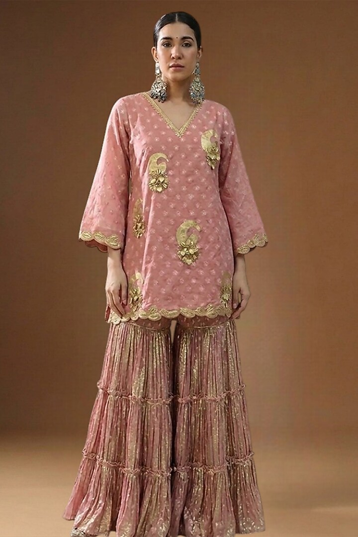 Blush Pink Lurex Georgette Embellished Wedding Sharara Set by Arpita Sulakshana at Pernia's Pop Up Shop