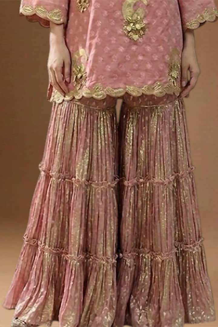 Blush Pink Lurex Georgette Embellished Wedding Sharara Set by Arpita Sulakshana at Pernia's Pop Up Shop