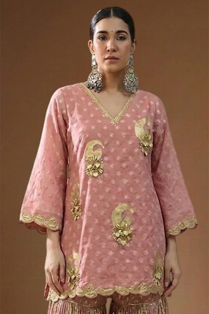 Blush Pink Lurex Georgette Embellished Wedding Sharara Set by Arpita Sulakshana at Pernia's Pop Up Shop
