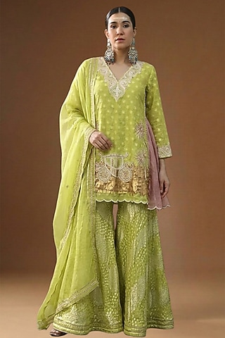 Lime Lurex Georgette Embellished Sharara Set by Arpita Sulakshana