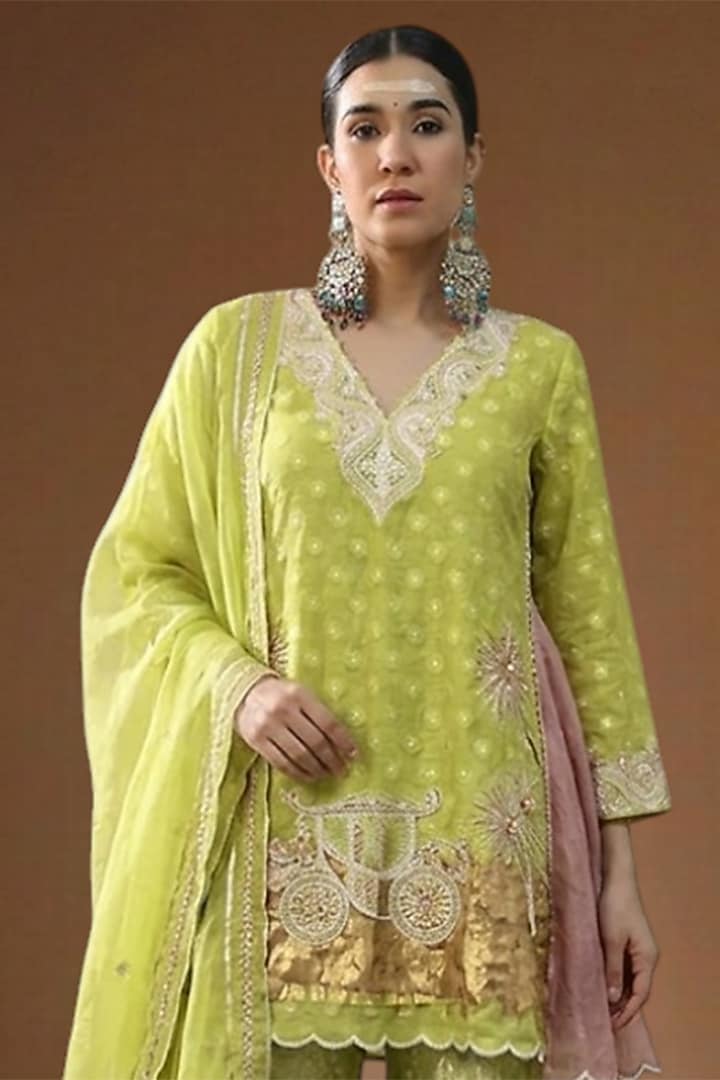 Lime Lurex Georgette Embellished Wedding Sharara Set by Arpita Sulakshana at Pernia's Pop Up Shop
