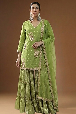 Neon Green Lurex Georgette Embellished Sharara Set by Arpita Sulakshana