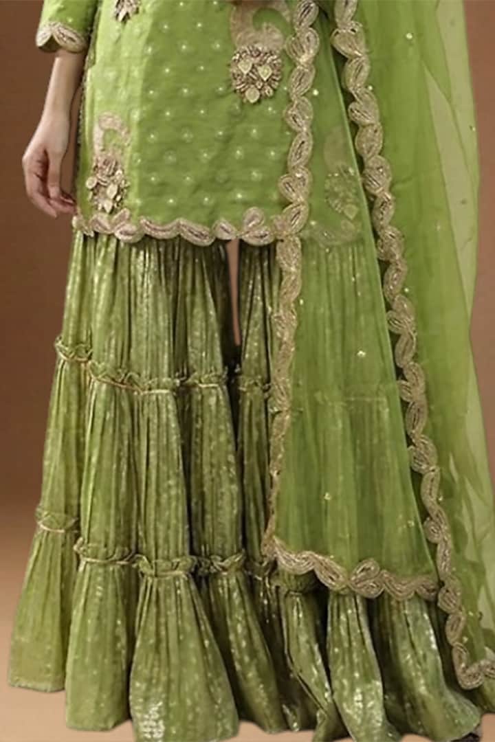 Neon Green Lurex Georgette Embellished Wedding Sharara Set by Arpita Sulakshana at Pernia's Pop Up Shop