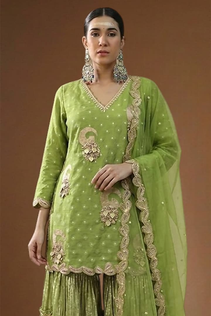 Neon Green Lurex Georgette Embellished Wedding Sharara Set by Arpita Sulakshana at Pernia's Pop Up Shop