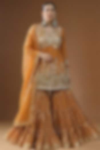 Burnt Orange Lurex Georgette Embellished Wedding Sharara Set by Arpita Sulakshana at Pernia's Pop Up Shop