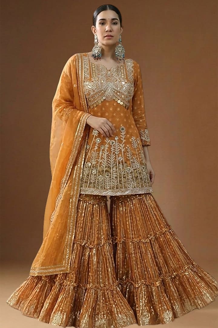 Burnt Orange Lurex Georgette Embellished Wedding Sharara Set by Arpita Sulakshana at Pernia's Pop Up Shop
