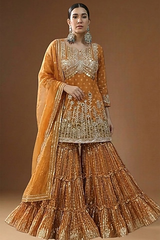 Burnt Orange Lurex Georgette Embellished Sharara Set by Arpita Sulakshana