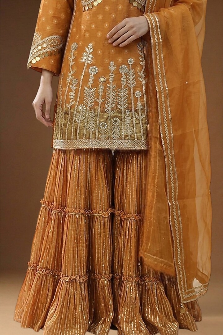 Burnt Orange Lurex Georgette Embellished Wedding Sharara Set by Arpita Sulakshana at Pernia's Pop Up Shop